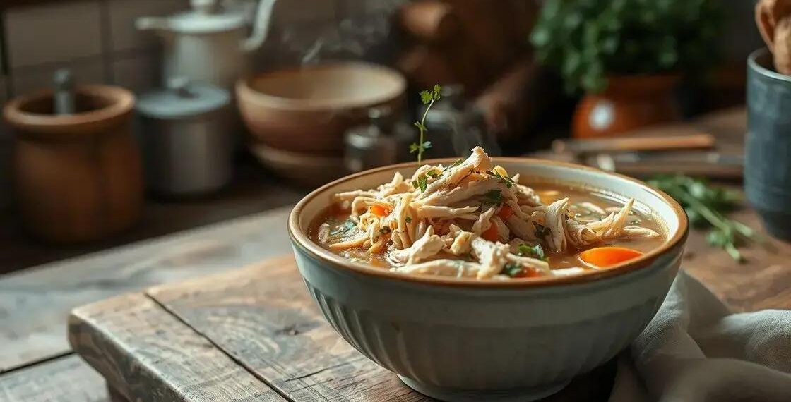 canja com frango desfiado; faça uma sopa reconfortante em 30 minutos