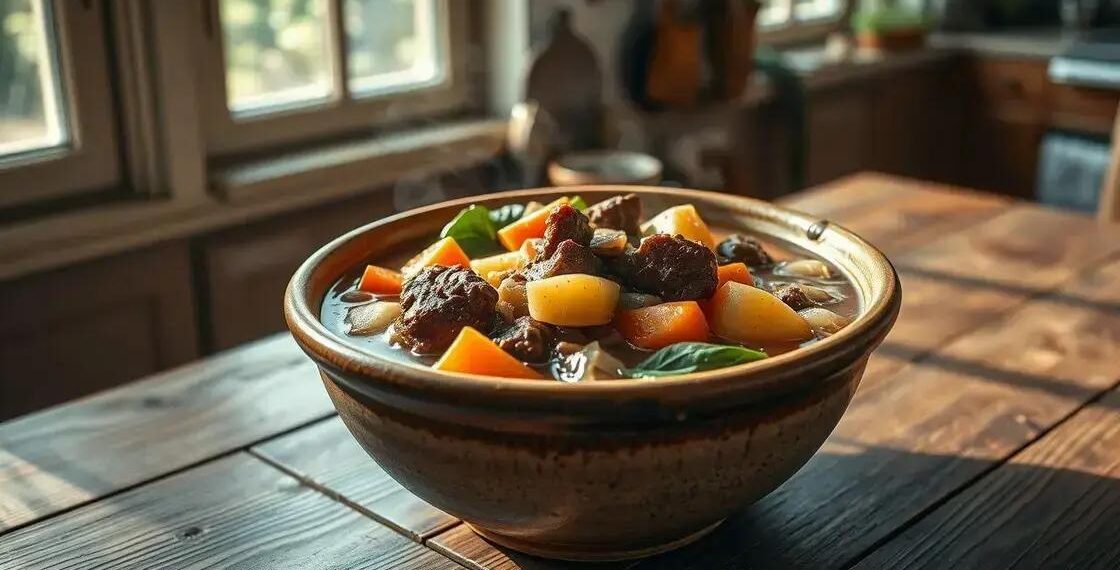 receita de sopa de carne com legumes; caldo rico e acolhedor para dias frios