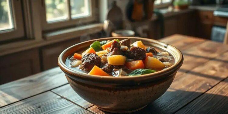 receita de sopa de carne com legumes; caldo rico e acolhedor para dias frios