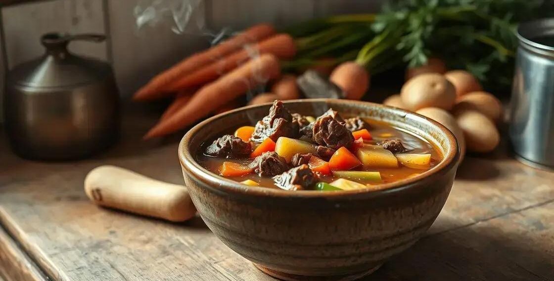 sopa carne com legumes; aprenda a preparar refeição reconfortante e nutritiva