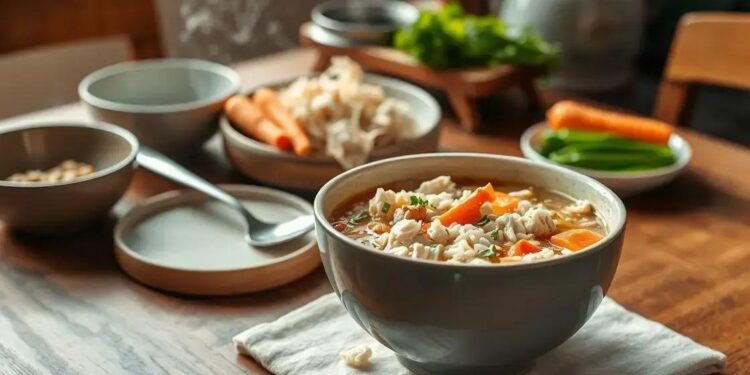sopa de arroz com frango; aprenda a preparar uma versão prática e saborosa