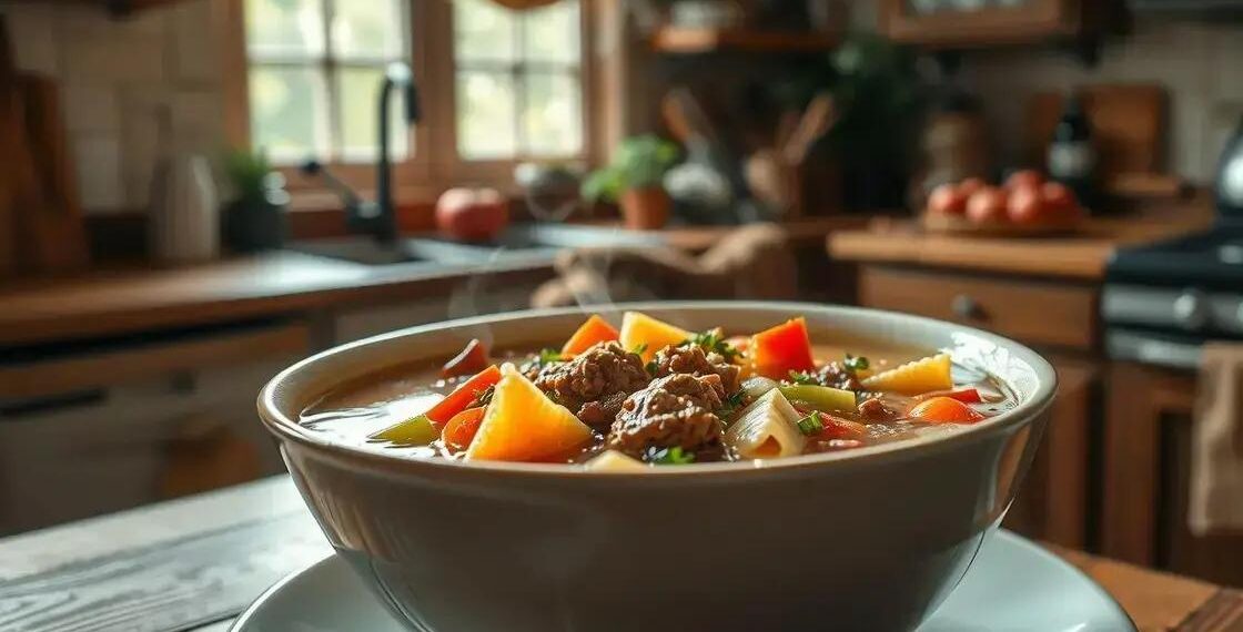 sopa de legumes carne e macarrão; descubra uma versão rápida e saborosa