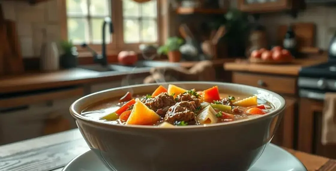 sopa de legumes carne e macarrão; descubra uma versão rápida e saborosa