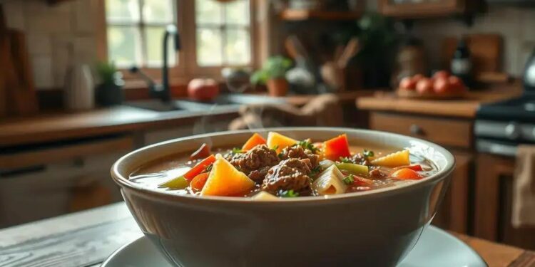 sopa de legumes carne e macarrão; descubra uma versão rápida e saborosa