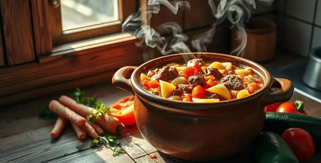 Sopa de legumes com carne e macarrão; como jantar rápido em 30 minutos