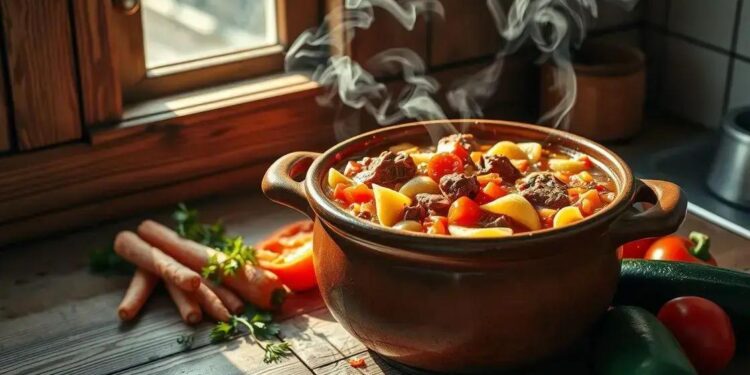 Sopa de legumes com carne e macarrão; como jantar rápido em 30 minutos