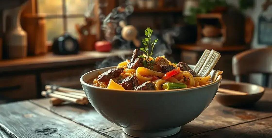 sopa de macarrão com carne e legumes; descubra como fazer um caldo reconfortante em minutos