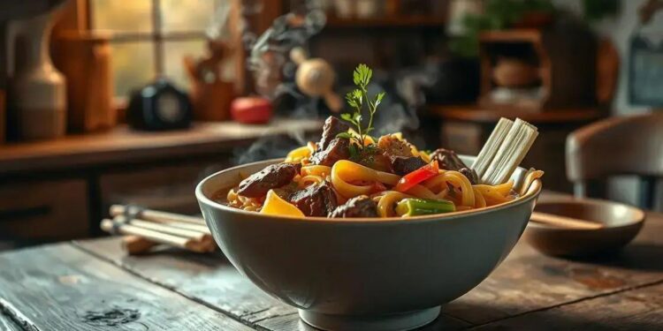 sopa de macarrão com carne e legumes; descubra como fazer um caldo reconfortante em minutos