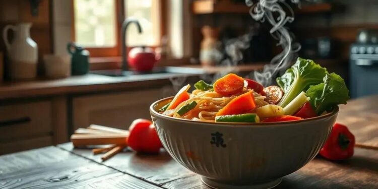 sopa de macarrao com legumes; prática reconfortante que salva o jantar