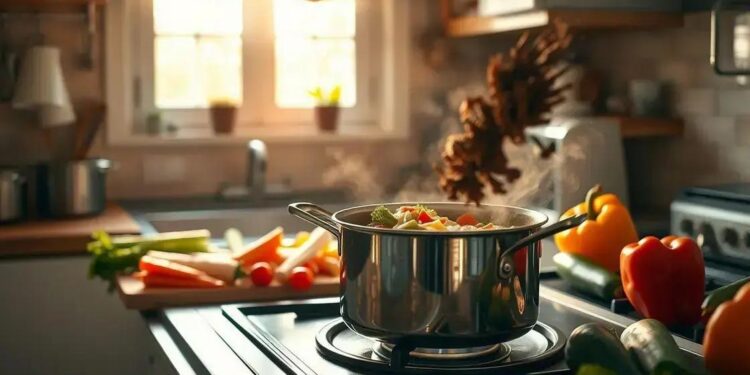 sopinha de legumes com macarrão; refeição reconfortante em 20 minutos