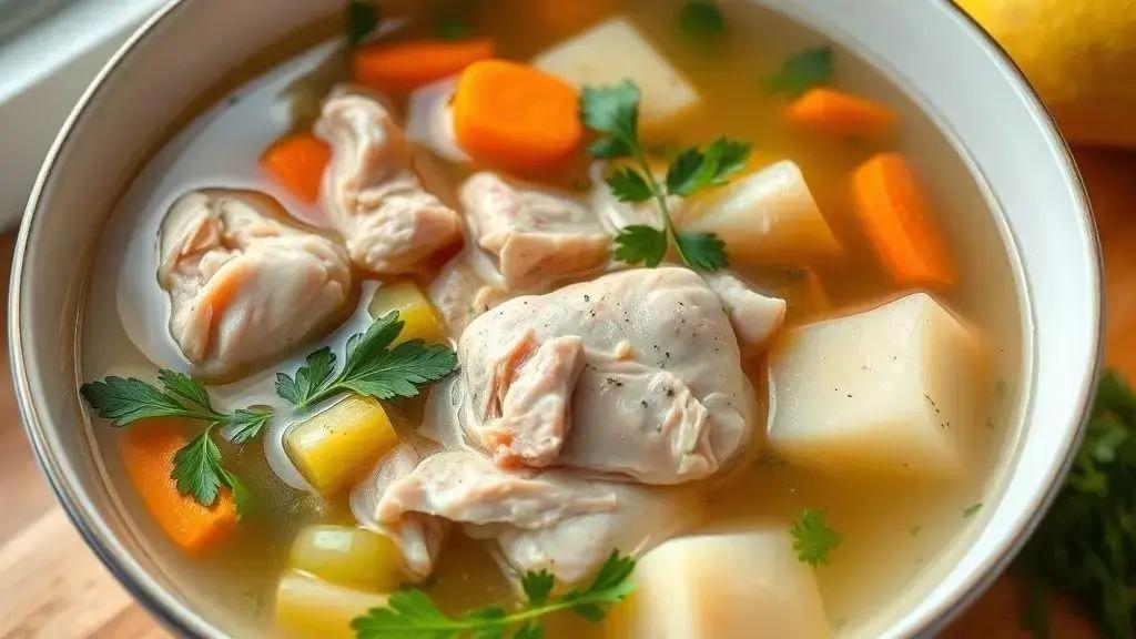 Caldo de legumes com frango e ervas frescas