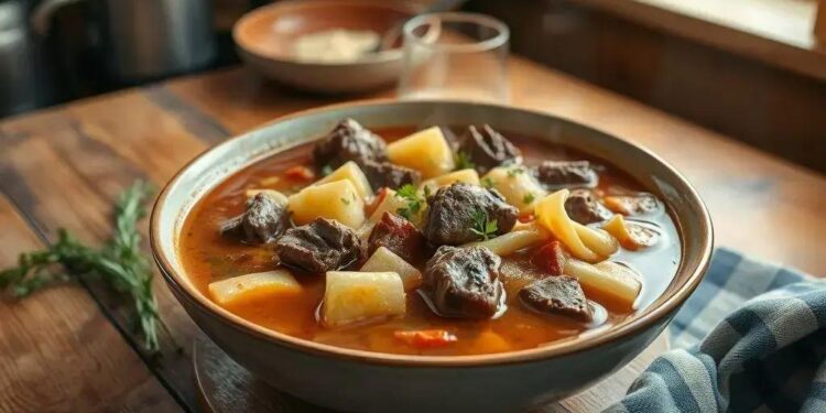 Sopa de carne com batata e macarrão: receita caseira que aquece o coração