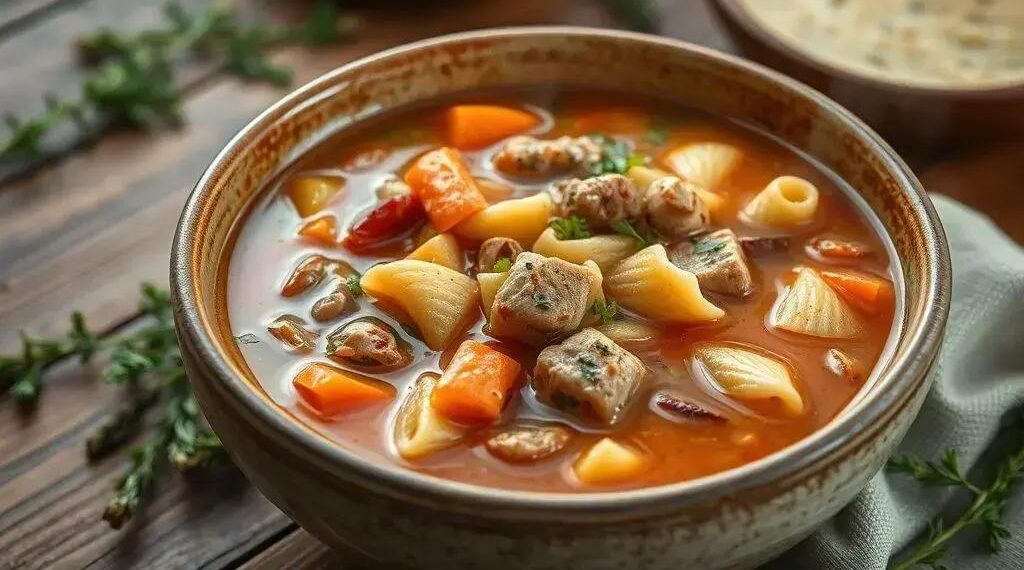 Sopa de legumes com macarrão e carne: o conforto que sua família merece