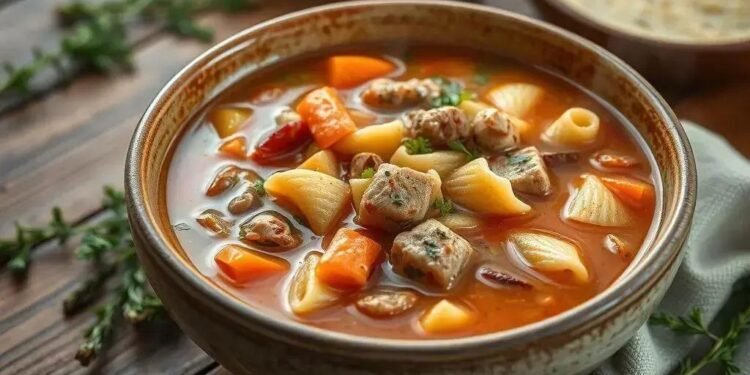 Sopa de legumes com macarrão e carne: o conforto que sua família merece