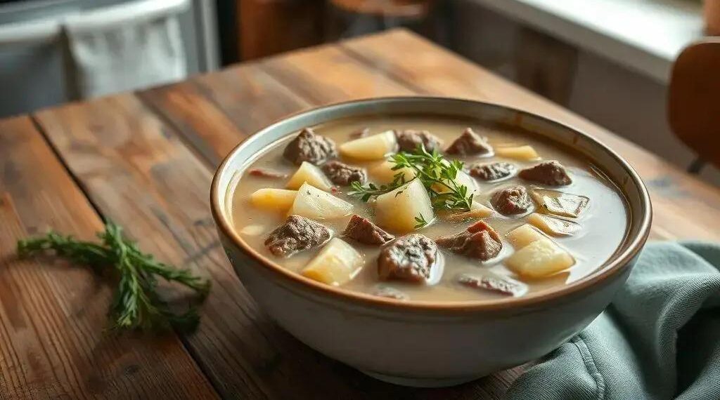 Sopa de batatinha com carne: o conforto que sua família merece