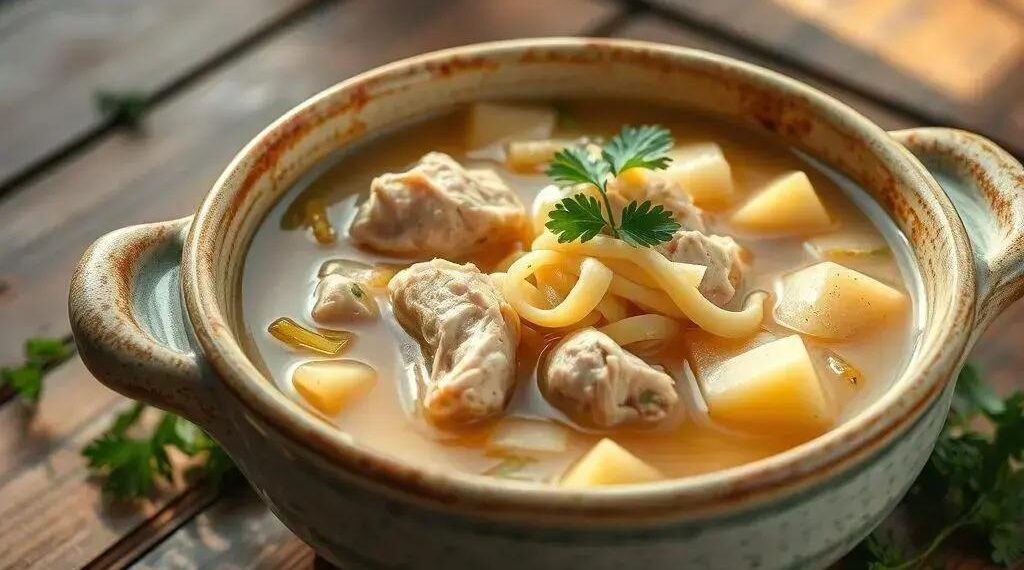 Sopa de frango com batata e macarrão: o conforto que sua família merece
