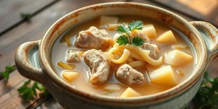 Sopa de frango com batata e macarrão: o conforto que sua família merece
