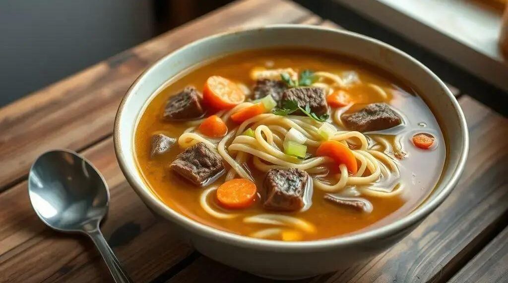 Sopa de macarrão com carne tudo gostoso: o conforto que sua família merece