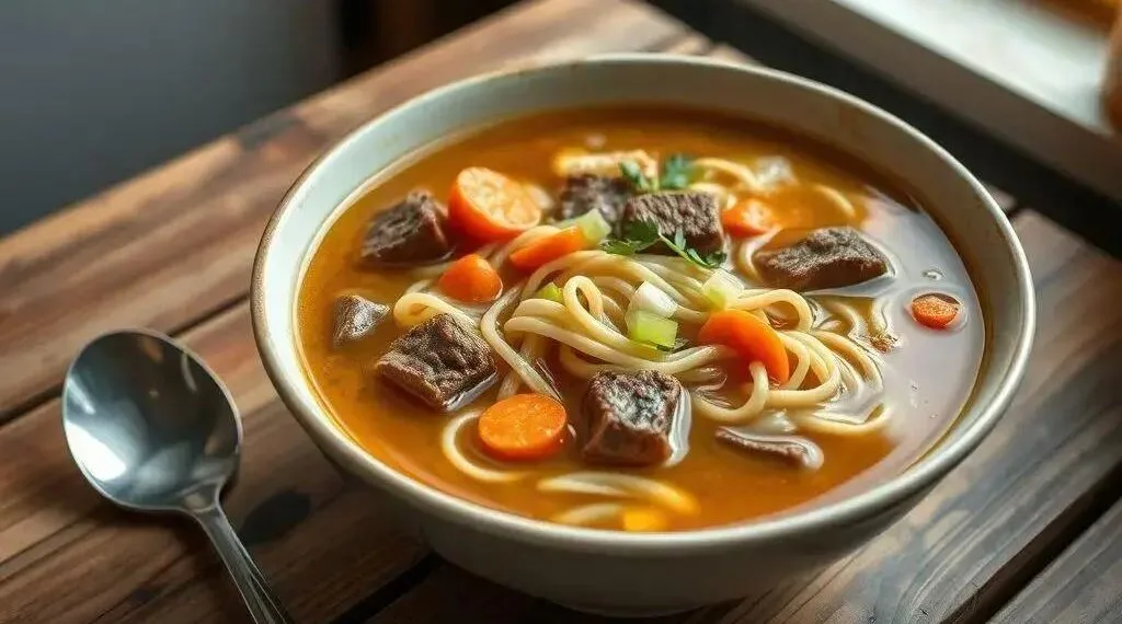 Sopa de macarrão com carne tudo gostoso: o conforto que sua família merece