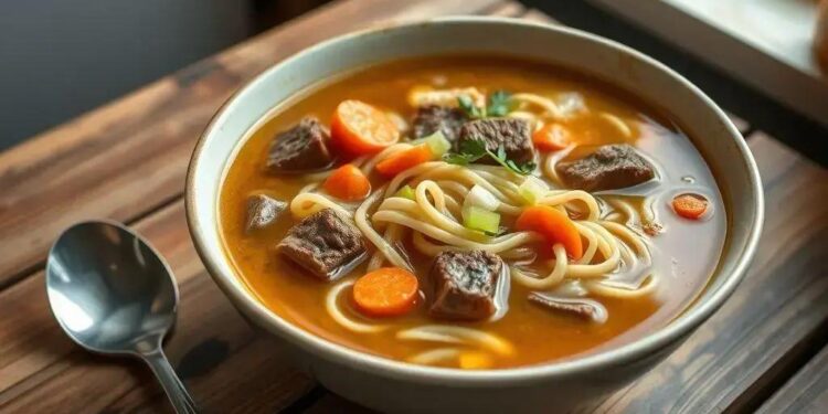 Sopa de macarrão com carne tudo gostoso: o conforto que sua família merece