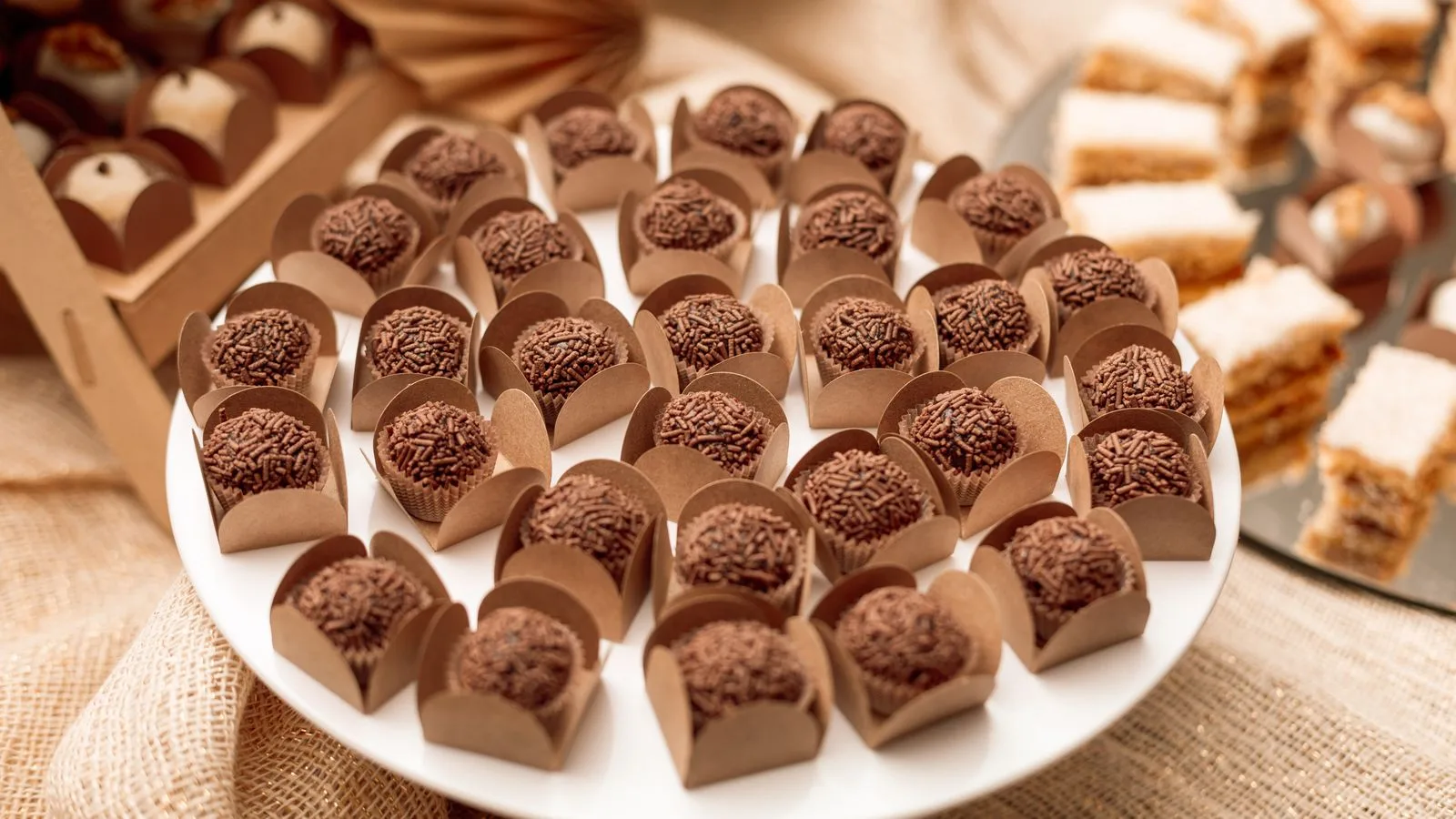 A sumptuous display of Brazilian brigadeiros on a dessert table in São Paulo, perfect for catering and events.