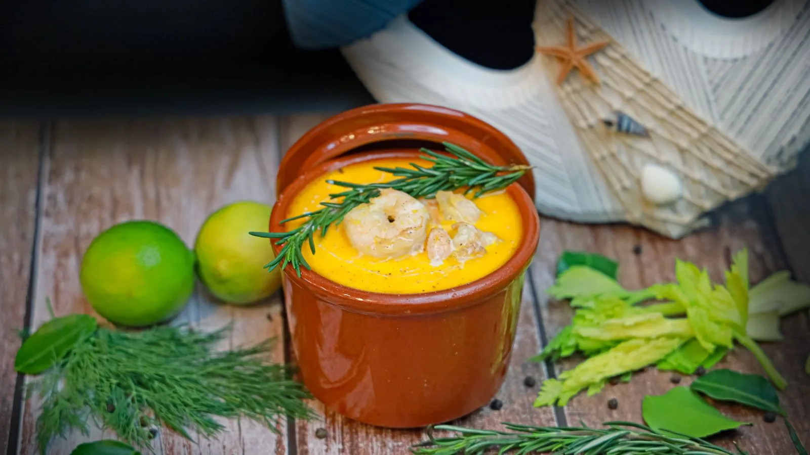 Delicious seafood soup with shrimp, rosemary, and lime garnish in a rustic setting.
