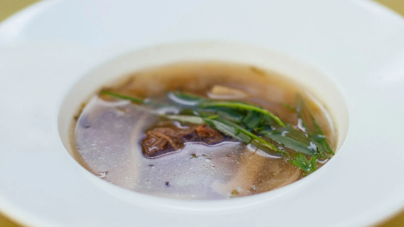 A warm bowl of clear soup with tender meat and fresh herbs, perfect for lunch.