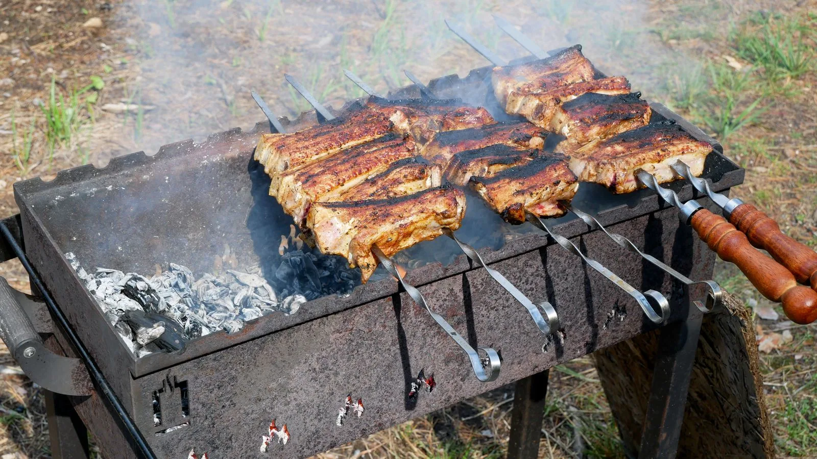 Delicious grilled kebabs cooking on a charcoal barbecue grill outdoors in summer.